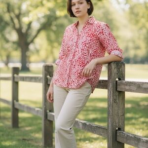 Talbots Top Women’s 20W White Red Floral 3/4 Sleeve Button Up